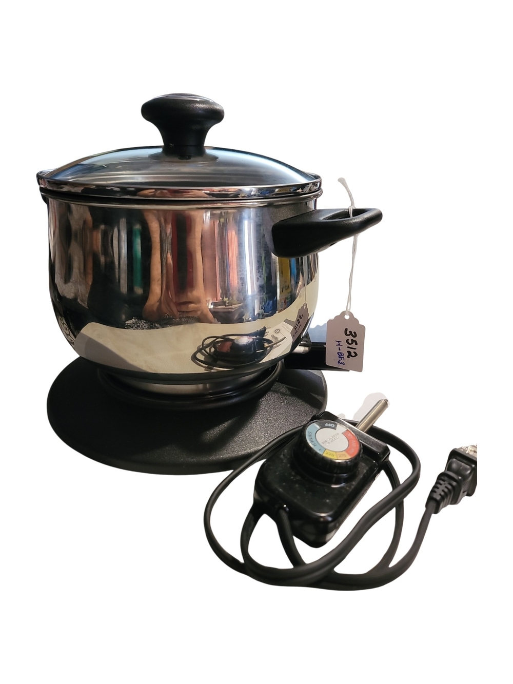 Electric Stainless Steel Hot Pot with Black Handles and Lid